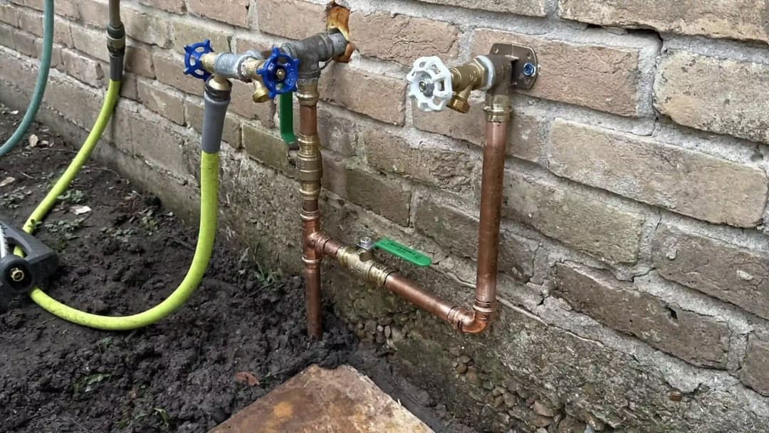 Copper and PVC pipes with blue and gray valves installed against a brick wall.